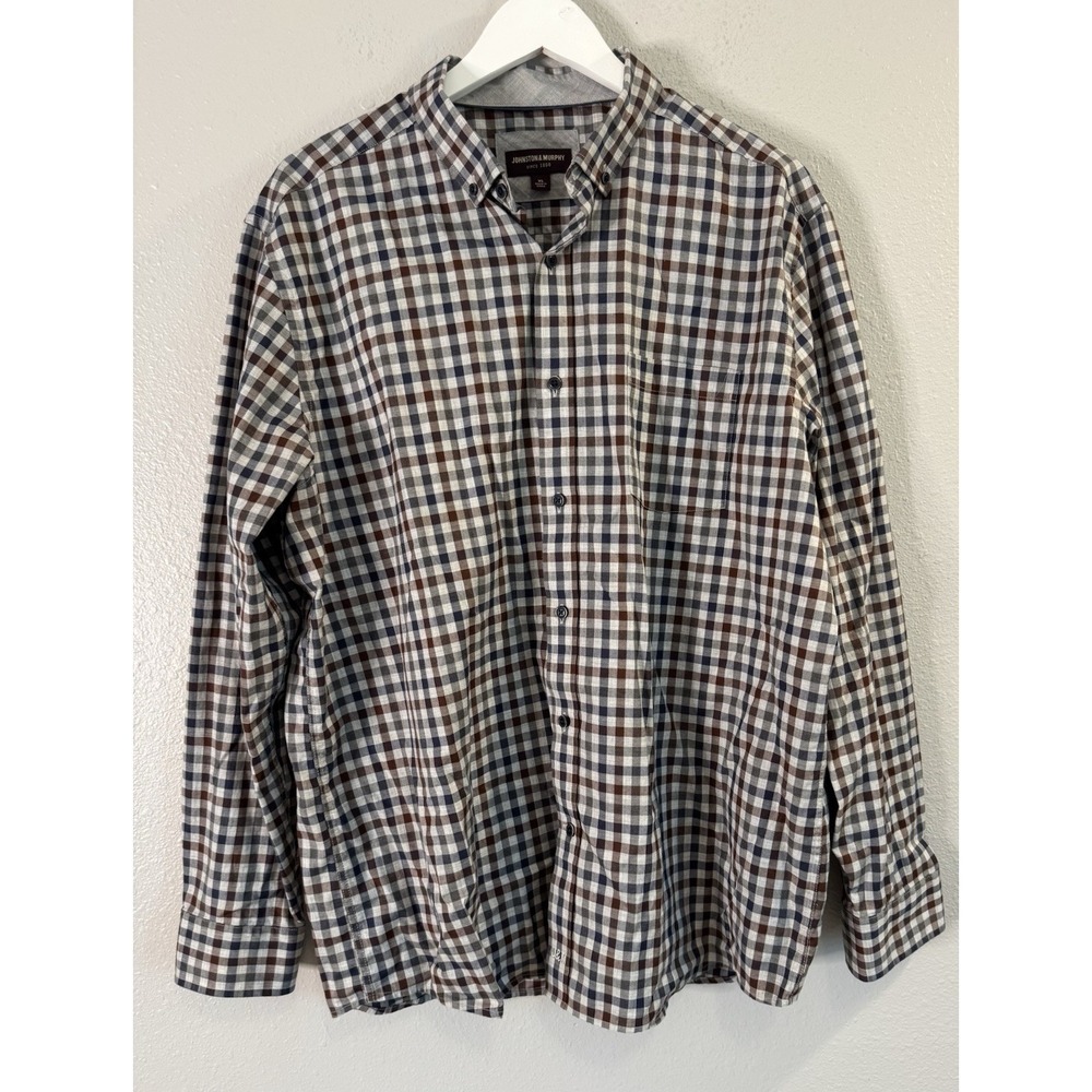 Johnston & Murphy Check Plaid Cotton Button Down Preppy Shirt Men's XL